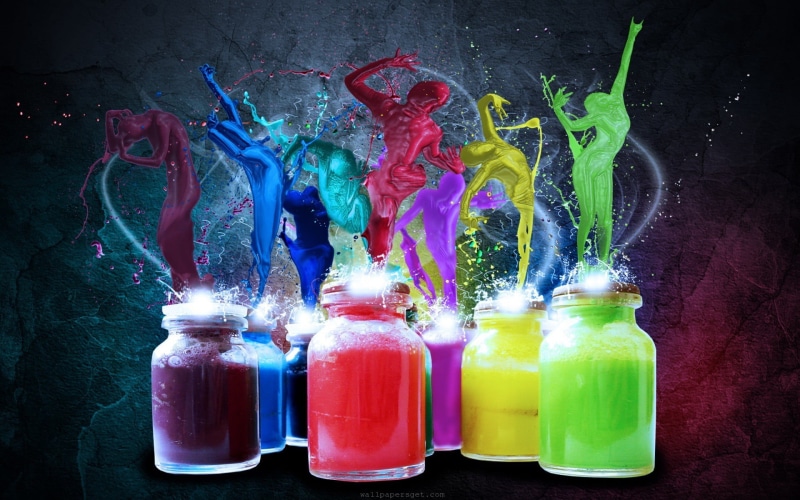 splash, drink, food and drink, jar, black background, container, colorful, no people, paint splatter, still life, studio shot, variation, paint can, creativity