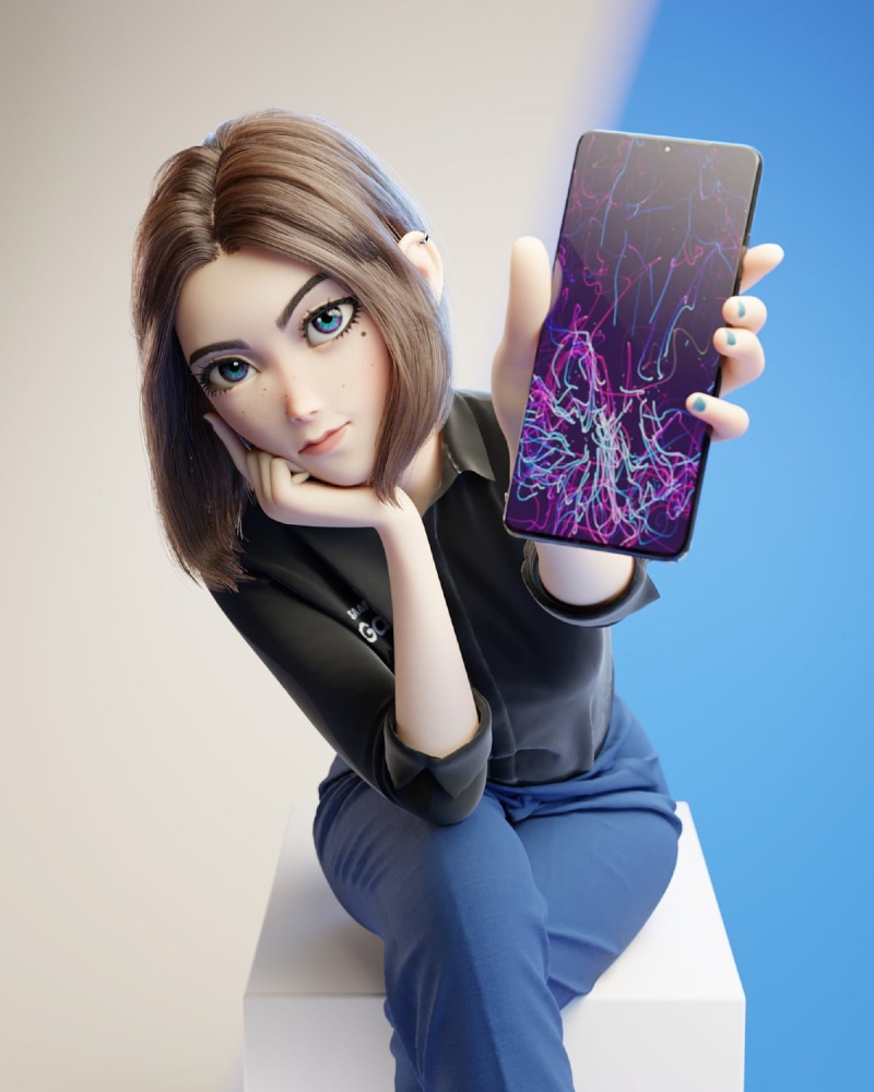 3D graphics, 720P, jeans, Samsung, Black clothes, artwork, brunette, digital art, fan art, black shirt, black clothing, smartphone, women, Sam (Samsung virtual assistant)