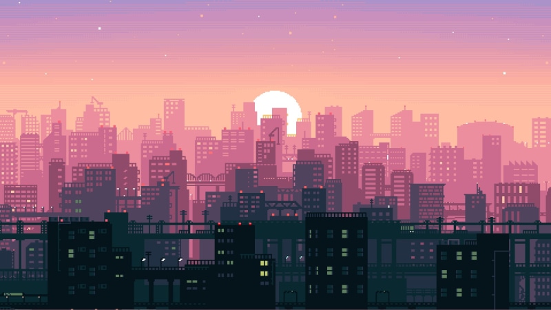 Sun, 1080P, sunset, cityscape, cranes (machine), building, pixel art, pixels