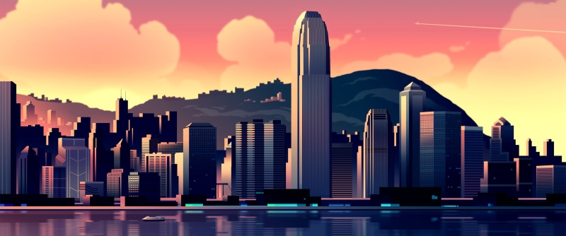 architecture, building exterior, residential district, digital art, vector, illustration, tall - high, office building exterior, sunset, city life, skyscraper