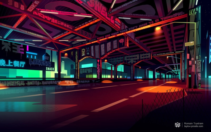 multi colored, street, colorful, wwe, 1080P, digital art, famous Place, ceiling, illustration, no people, design, connection, architecture, road, dark