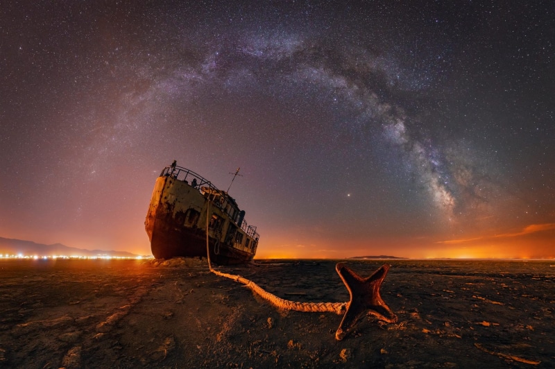 stars, lights, Milky Way, city lights, sky, photography, horizon, space, long exposure, night, landscape, boat, anchors, 720P, nature