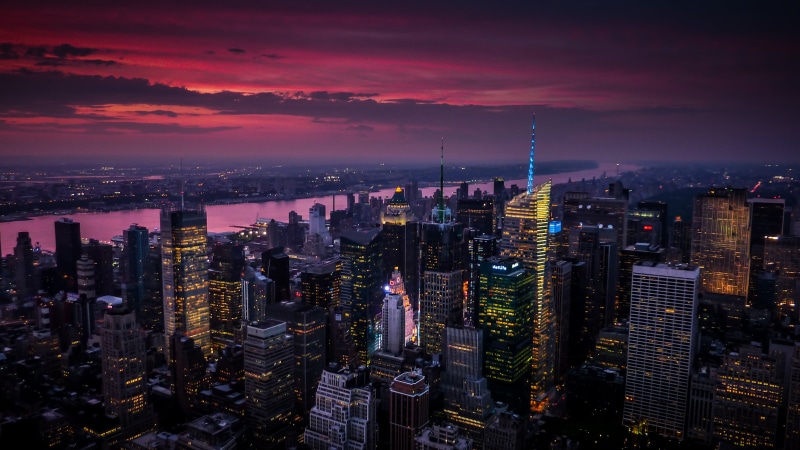 famous Place, tower, birds eye view, lights, building Exterior, screenshot, Empire  State  Building, downtown District, Group, New  York  Empire, night time