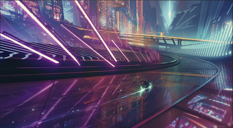 lights, watermarked, colorscape, concept art, science fiction, purple, neon lights, neon, anime, blue, digital painting, building, 4K, motorcycle, cyberpunk