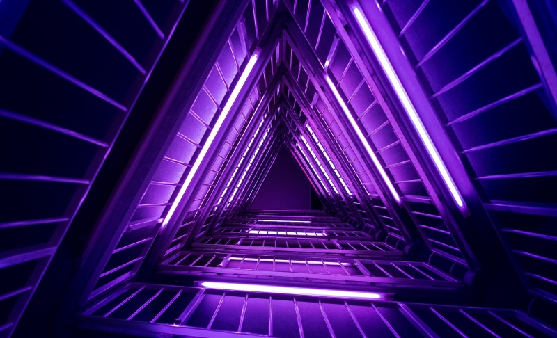 Triangles, Purple, Neon, Lights, 4K, 4K