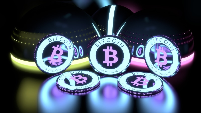 crypto, grey, point, purple, neon colors, neon, black, cryptocurrency, Crypto-currency, Bitcoin, Coin, money, light, blue, pink, reflection, 4K, yellow