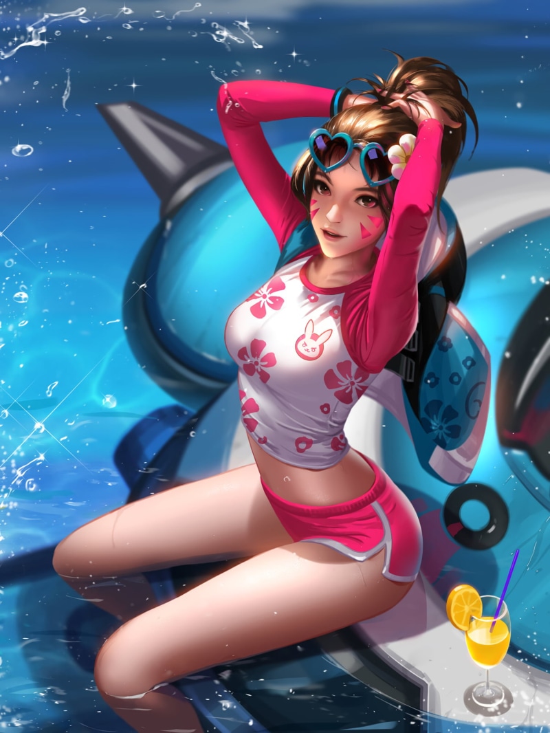 illustration, clothing, inflatable, D.Va (Overwatch), women, young adult, beautiful people, Liang Xing, pink, fashion, nature, swimming pool, video games