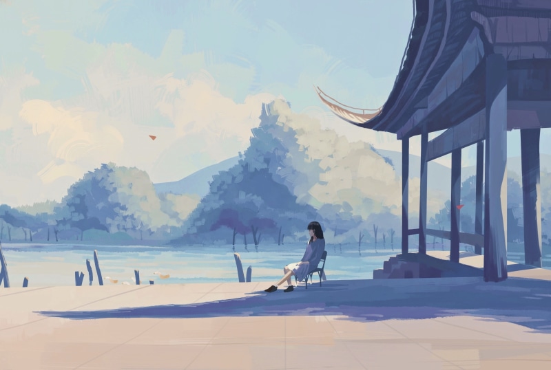 pastel colors, swimming pool, sky, mountain, nature, lake, Anime, leisure activity, one person, sitting, lonely anime girl, tree, side view, sunlight, men