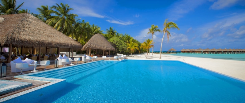 sky, holiday, pool, hotel, nature, tourist resort, palm tree, trip, sea, turquoise colored, tahiti, luxury hotel, 2K, water, wealth, tropical climate