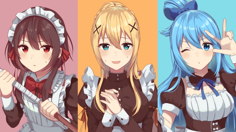 human representation, 4K, obscured face, Megumin, Aqua (KonoSuba), auto post production filter, maid outfit, maid, festival, celebration, lifestyles, Kono Subarashii Sekai ni Shukufuku wo!