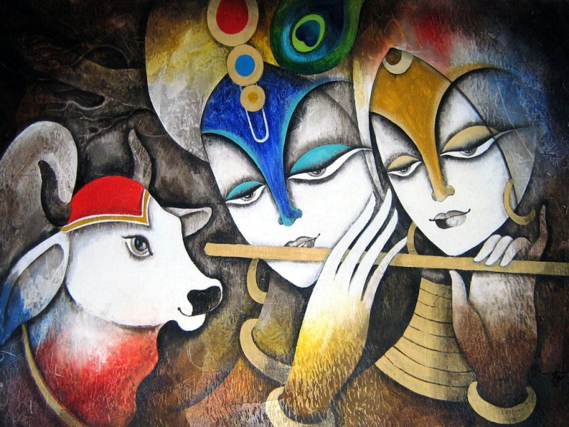 480P, close-up, glass, mask, choice, painting, multi colored, indoors, human representation, creativity, disguise, Lord Krishna, art and craft, art, krishna