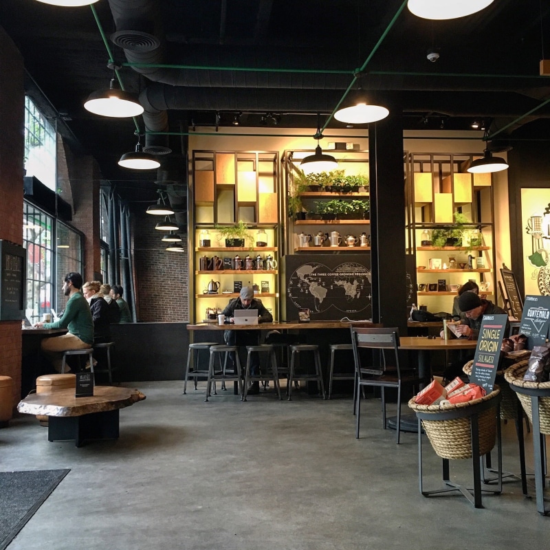 architecture, women, illuminated, light, chairs, chair, bar, city life, ipad, coffee, wood, table, electric lamp, real people, sitting, seat, williamsburg