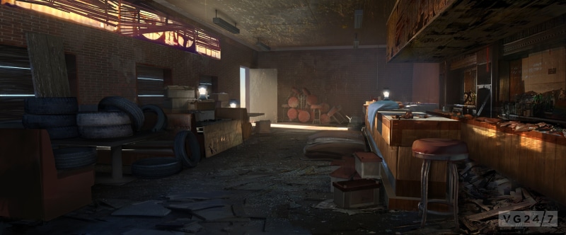 architecture, indoors, table, artwork, built structure, armchair, food and drink industry, furniture, bar - drink establishment, food and drink, The Last of Us