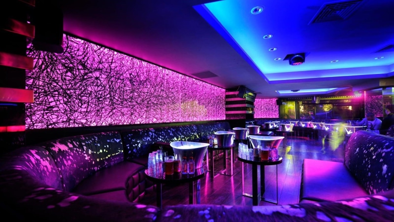 modern, business, built structure, seat, neon, no people, city, bar counter, 1080P, architecture, baile, nightlife, restaurant, bar - drink establishment