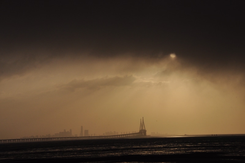 outdoors, dark, connection, nature, cloud - sky, city, Shower, transportation, travel destinations, Incheon Bridge, bridge, sky, water, Sunrise, architecture