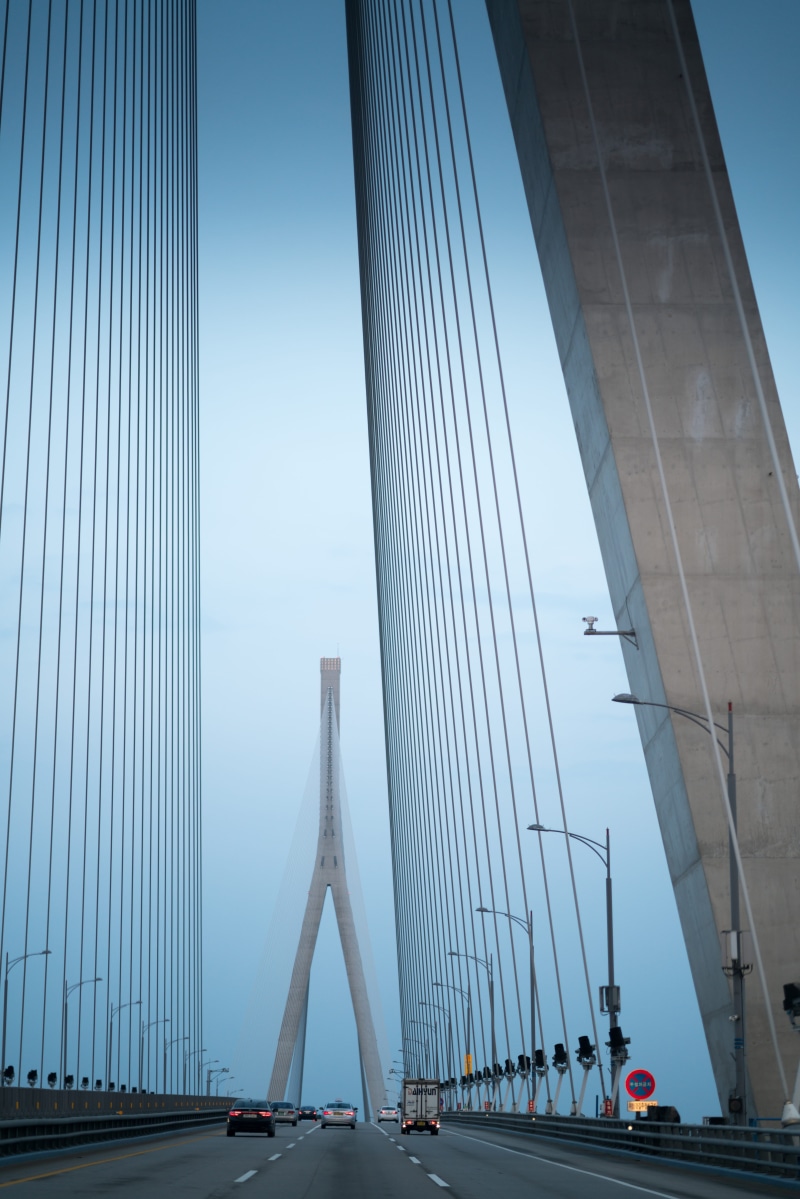 modern, bridge, office building exterior, suspension bridge, city, tall - high, day, steel cable, architecture, road, nature, 8K, skyscraper, engineering