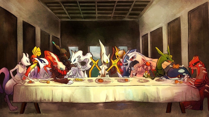 Groudon, 1080P, Zekrom, video games, musical equipment, The Last Supper, store, supper, Rayquaza, Mewtwo, in a row, musical instrument, multi colored