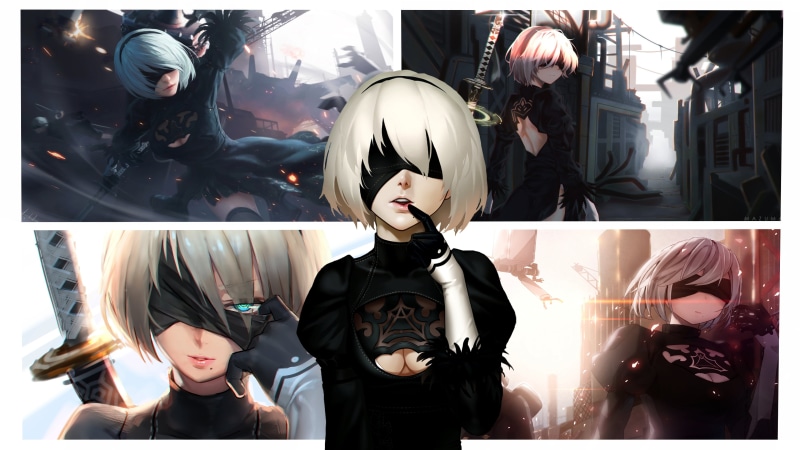retail display, 4K, representation, people, indoors, NieR, anime girls, front view, auto post production filter, store, human representation, Nier: Automata