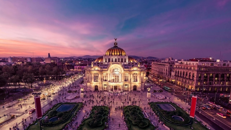travel destinations, purple, nature, square, high angle view, sunset, mexico city, building exterior, the past, tourism, built structure, dome, cloud - sky