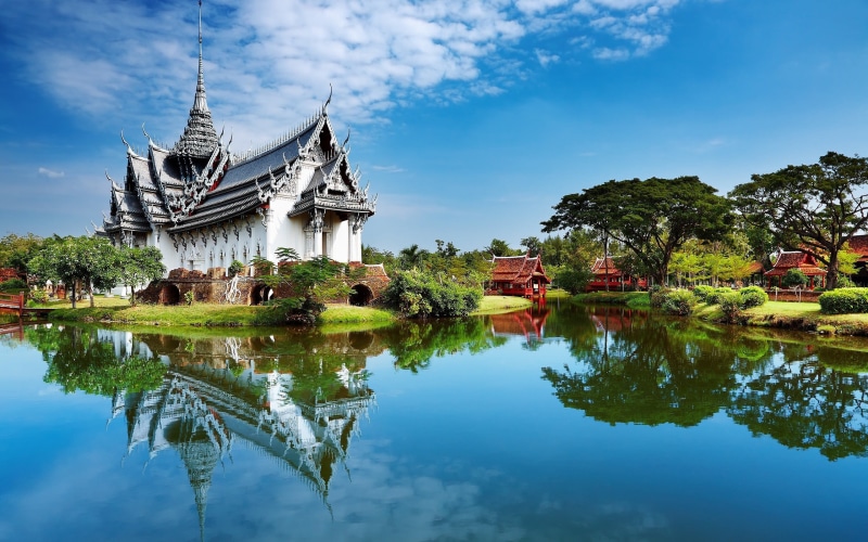 place of worship, outdoors, plant, blue, no people, water, travel destinations, Travel posters, architecture, grey, nature, trees, 2K, temple, lake, building