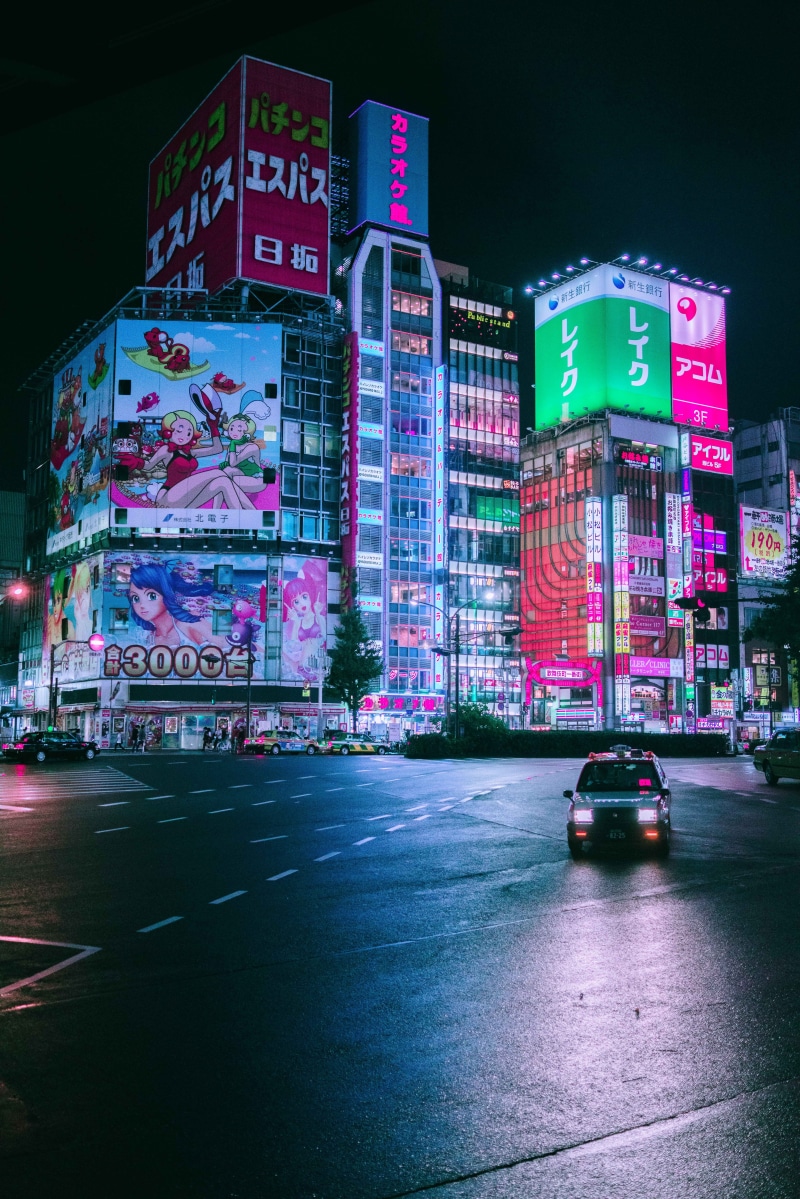 traffic, glass, near, tokyo, vehicle, skyscraper, night time, billboard, time, city, built Structure, anime, city Life, night, illuminated, city light