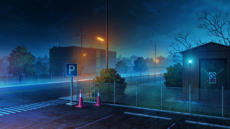 building, street art, building exterior, street, dusk, lights, lighting equipment, built structure, electricity, anime, outdoors, 1080P, technology, plant