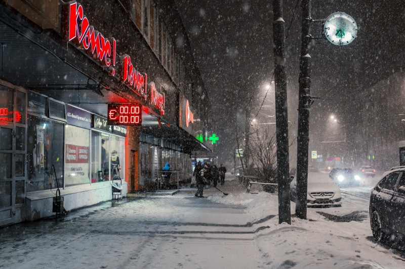 shop, illuminated, city street, blizzard, urban, architecture, transportation, cold temperature, 2K, snow, street, store, pharmacy, clock, falling, extreme weather