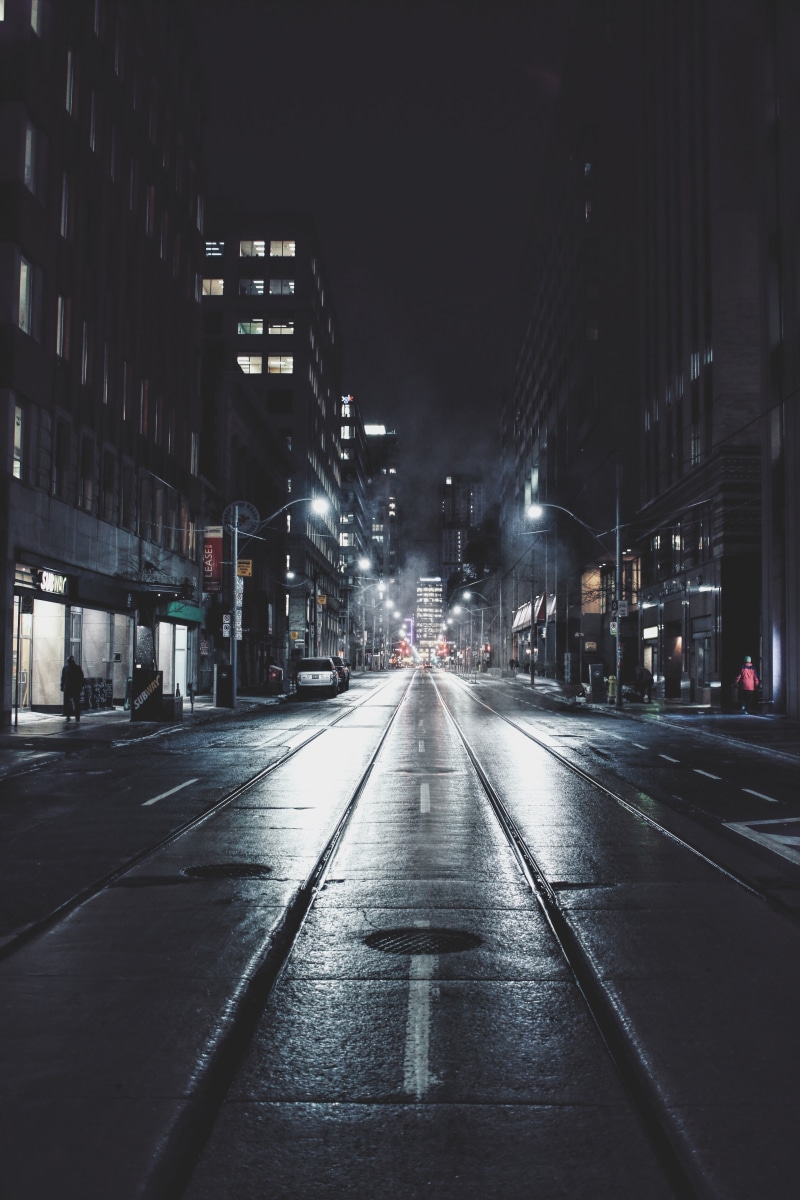 calm, mysterious, mystery, sign, scene, street light, road, car, buildings, people, outdoors, street, city at night, storefronts, no people, direction