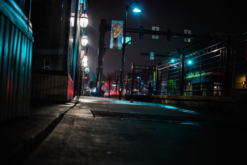 urban, angle, low, city, building exterior, nighttime, road marking, nature, direction, empty, light, transportation, city street, street light, residential district