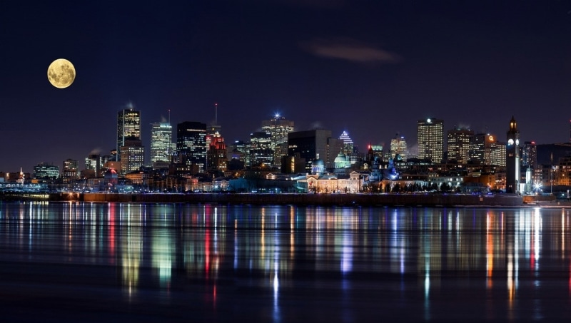 city, lights, view, 720P, cityscape, river, reflection, canada, montreal, architecture, night