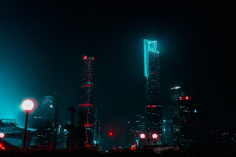 guangdong, china, lights, illuminated, nighttime, office building exterior, city, office, tower, built structure, sky, air pollution, cityscape, urban
