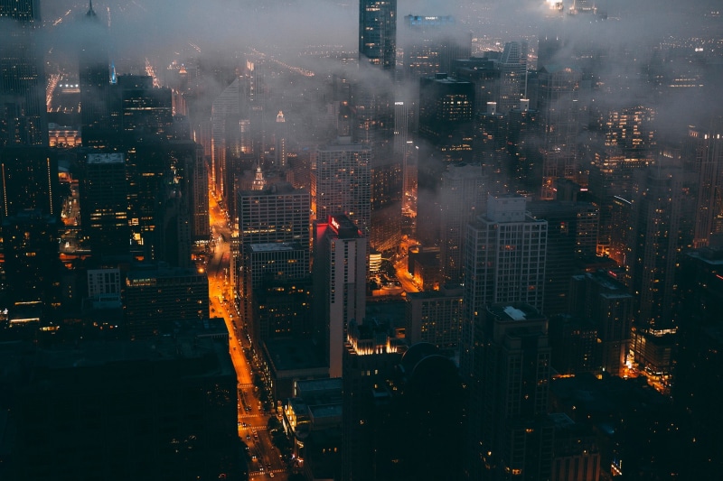 tall - High, illuminated, outdoors, asia, cityscape, built Structure, mist, urban, aerial View, air pollution, gray, office Building, skyscraper, light - Natural Phenomenon