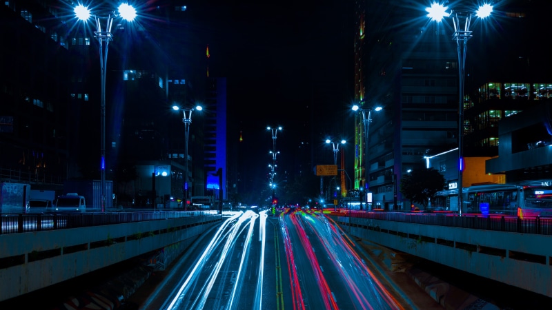 cars, night, transportation, avenida paulista, lights, motion, são paulo, architecture, no people, street light, multi colored, brazil, road, illuminated