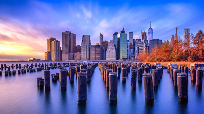 wooden, NYC  New York, post, Urban, skyscraper, night, dusk, city, photography, famous Place, cloudy, near, Water, Bridge Park, Overlook, urban Scene, uSA
