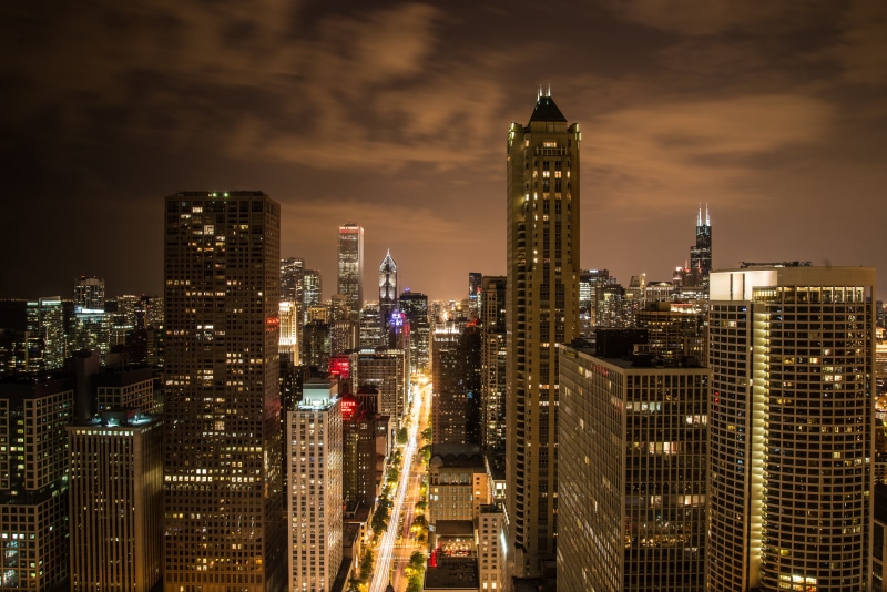 traffic, uSA, 5K, tower, built Structure, urban Scene, at Night, urban Skyline, building Exterior, skyscraper, Chicago, building, architecture, skyline
