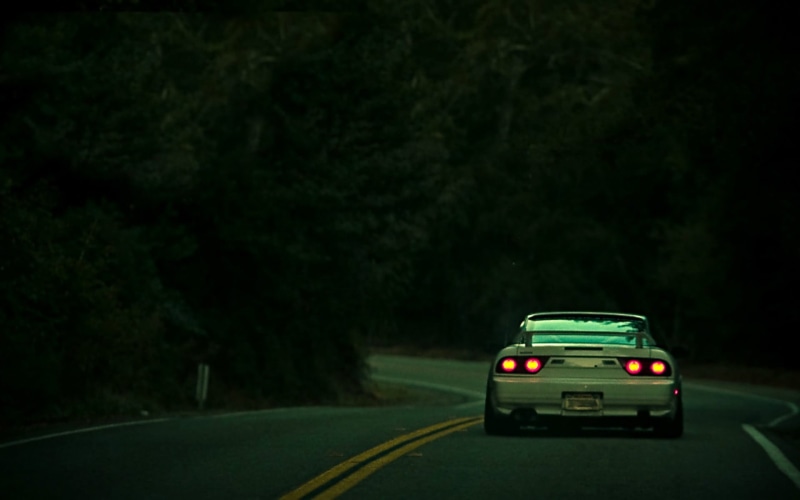 land vehicle, 1080P, Nissan 240SX, white, street, Nissan, tail light, motion, trees, green color, nature, motor vehicle, on the move, mode of transportation