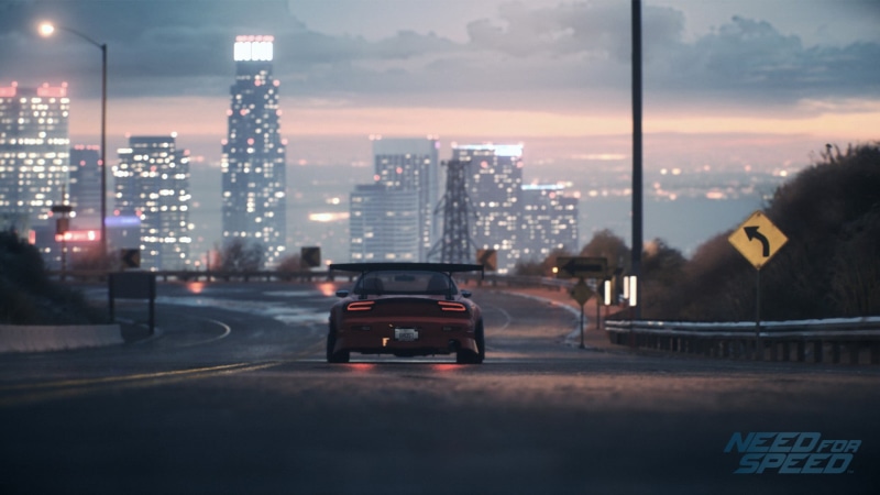 land vehicle, built structure, city, 1080P, sign, Need for Speed, no people, road, rack, motor vehicle, illuminated, transportation, city life, skyscraper