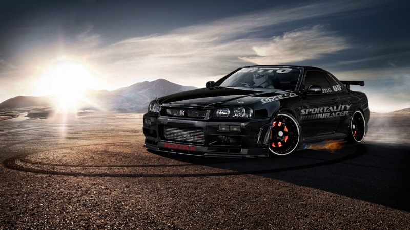 gtr, mountain, land vehicle, cloud - sky, 1080P, environment, motor vehicle, beauty in nature, mode of transportation, sunlight, car, motion, sunset, Nissan Skyline GT-R R34