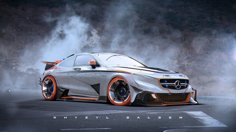 artwork, white, orange, nature, Mercedes-Benz C63 AMG, land vehicle, road, driving, motion, sign, city, car, smoke - physical structure, indoors, mercedes