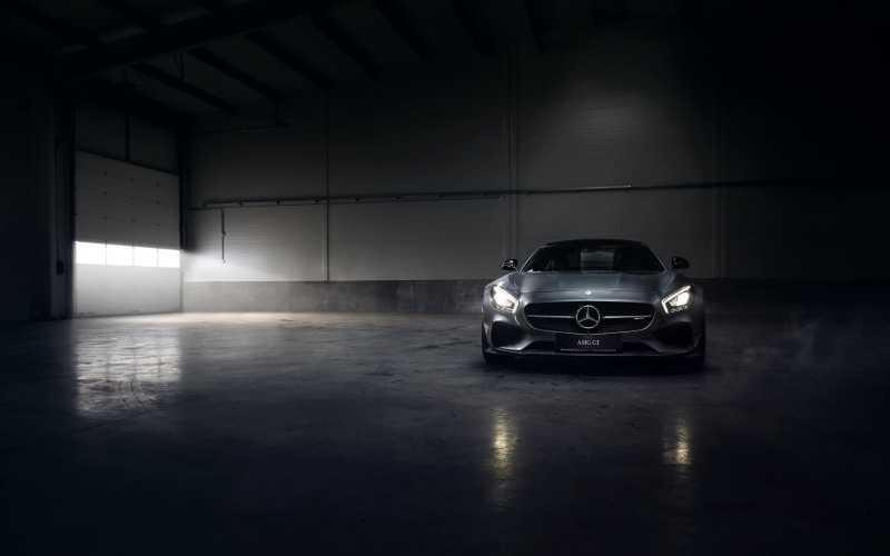 building, amg, motor vehicle, dark, wall - building feature, empty, built structure, 1080P, land vehicle, night, Mercedes-AMG GT, silver, indoors, mode of transportation
