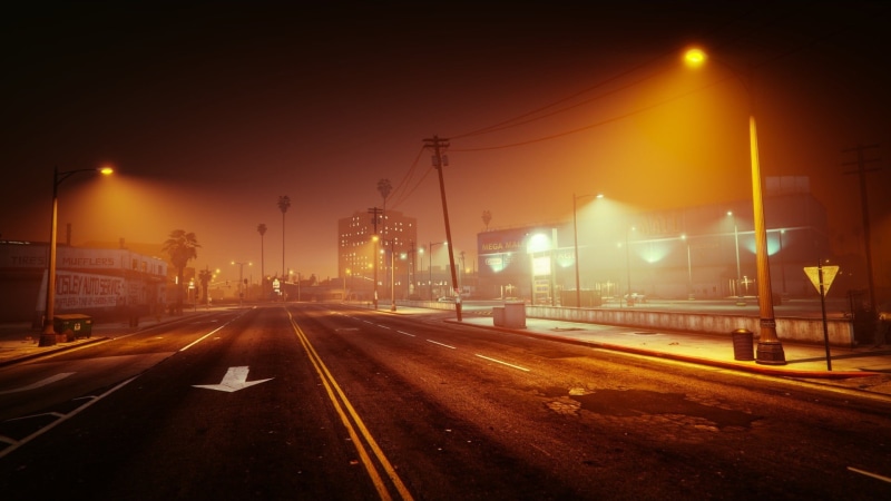 road, city, outdoors, building exterior, street, Grand Theft Auto V, street light, diminishing perspective, motor vehicle, no people, sign, transportation