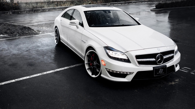 outdoors, asphalt, nature, Mercedes-AMG, city, day, reflection, wet, travel, car, motor vehicle, benz, land vehicle, white, no people, rain, sedan, mercedes