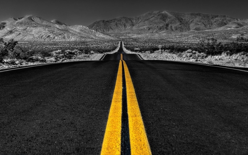 the way forward, direction, empty road, sign, asphalt, outdoors, selective coloring, transportation, nature, straight, road, road trip, landscape, environment