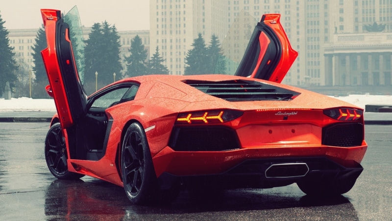 no people, rain, motor vehicle, sport, tail light, Lamborghini Aventador, street, city, Lamborghini, stationary, supercars, outdoors, mode of transportation