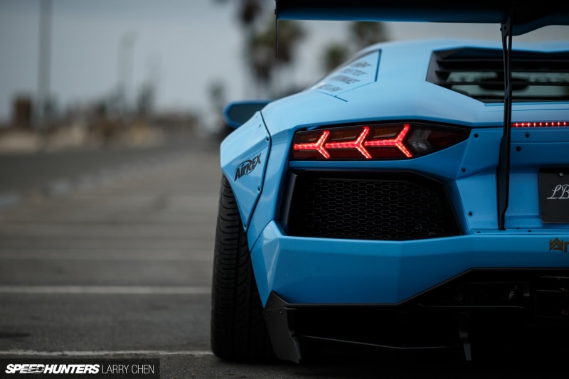 tail light, city, Liberty Walk, land vehicle, wheel, LB Works, sign, street, vehicle, Lamborghini Aventador, car, focus on foreground, outdoors, Lamborghini