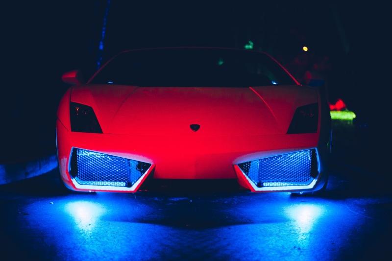 night, safety, close-up, lighting equipment, retro styled, lamborghini, tail light, palm beach, mode of transportation, land vehicle, illuminated, blue