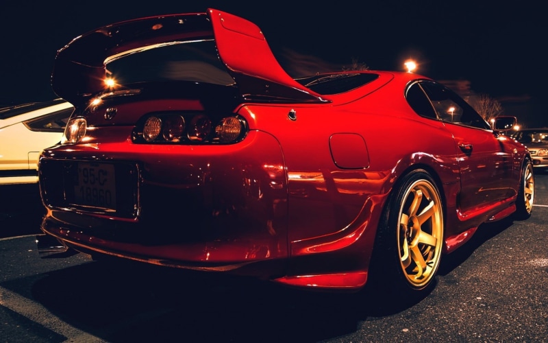 wheel, red cars, red, no people, street, chrome, Supra, lighting equipment, headlight, architecture, car, tail light, outdoors, Toyota Supra, road, retro styled