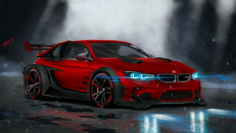 motor vehicle, bmw, land vehicle, road, nature, vehicle, rainy season, no people, tail light, snowing, sports car, 1080P, city, outdoors, modified, day