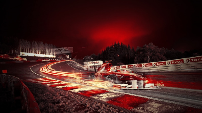 Formula 1, land vehicle, artwork, light trail, red, car, race tracks, speed, headlight, sign, vehicle light, long exposure, 1080P, traffic, motor vehicle