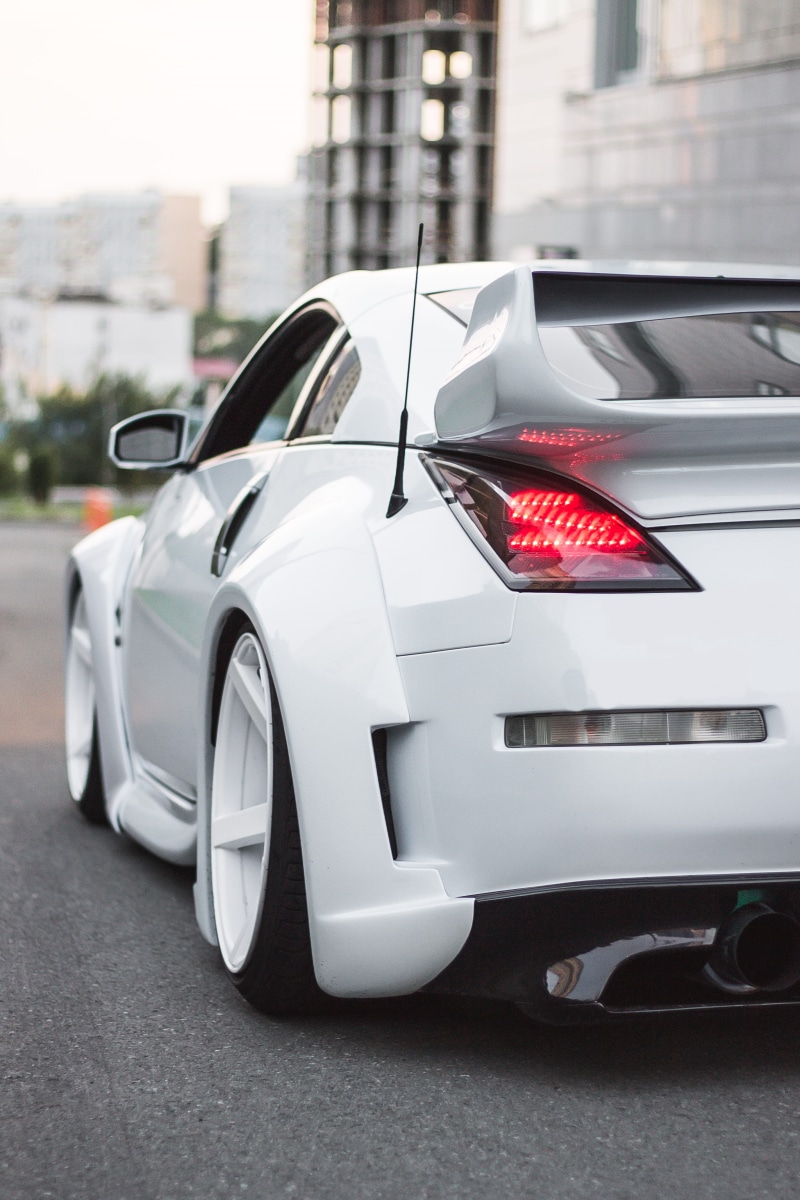 road, modern, car corner, 350z, new, editorial, convertible, tail light, tuned, white, side View, shiny, luxury, germany, lowered, bagget, wheel, outdoors